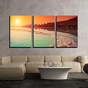 3 Piece Canvas Wall Art - Sunrise Over Dead Sea. - Modern Home Art Stretched and Framed Ready to Hang - 16"x24"x3 Panels