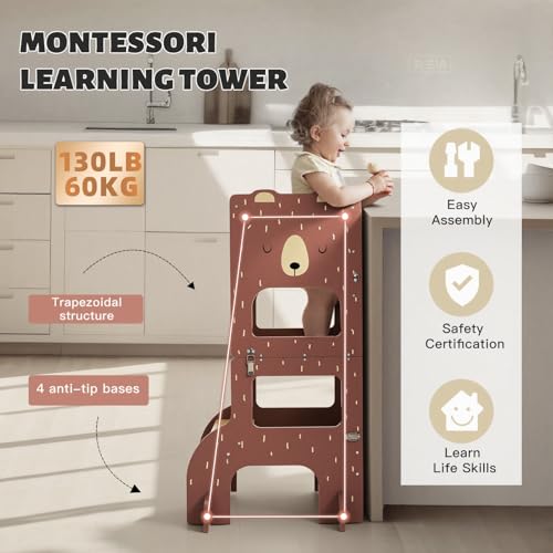 labebe Montessori Tower Kids Large Size Wooden Folding Montessori Tower 3 in 1 Multifunctional Montessori Tower with Blackboard Brown Bear
