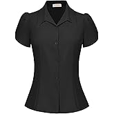 Belle Poque Summer Short Sleeve Button Down Blouse for Women V Neck Vintage Business Casual Shirts Tops