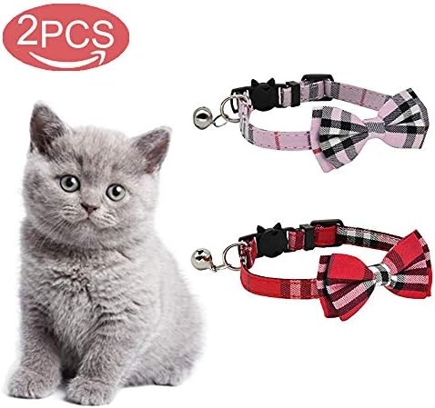 kingkindshun 2 Pack/Set Cat Collar Breakaway with Cute Bow Tie and Bell for Kitty and Some Puppies, Adjustable from 6.8-10.8 Inch (Red+Pink)