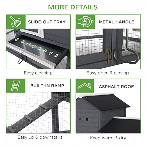 PawHut 82" Chicken Coop Wooden Rabbit Hutch Hen House Poultry Cage Pen Outdoor Backyard with Run and Nesting Box, Grey