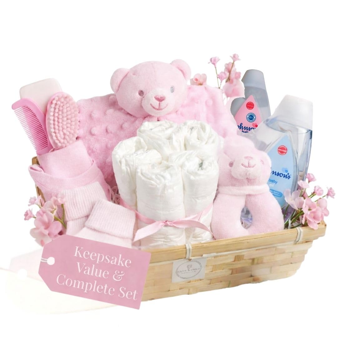Newborn Baby Girl Gifts Hamper Baby Gift Set with Beautiful Baby Essentials Including Plush Teddy Bear Comforter & Rattle - Perfect for Welcoming a New Baby Girl Gift