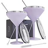 vaanshie 8 oz. Vacuum Sealed Martini Glass [Lilac/Set of 2] - Stainless Steel Martini Glass, Insulated Tumbler with Straws, Olive Pins, Straw Cleaner, Insulated Glass for Valentines Day Gift