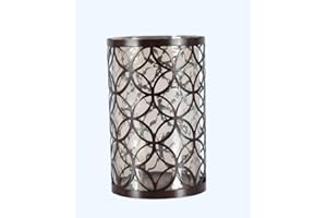 Decorative Metal Candle Holder with Geometric Pattern, Bronze Finish, Cylindrical Glass Hurricane Lantern