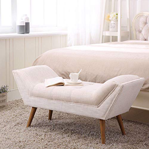 Upholstered Bedroom Bench with Arms, Tufted Fabric Linen Vanity Bench with Rubber Wood Legs, Beige - Thumbnail 7