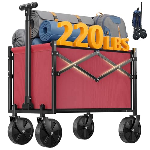 NEWBULIG Collapsible Wagon with All-Terrain Wheels, 220 LBS Folding Utility Cart, Lightweight & Heavy Duty Portable Wagon for Groceries, Beach, Camping & Garden, Red