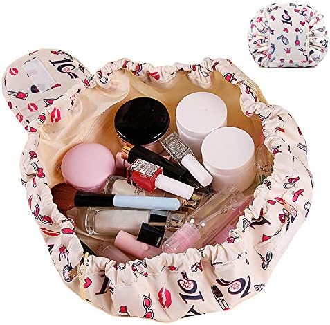 SANBLOGAN Drawstring Makeup Bag, Lay Flat Quick Makeup Bag Lazy Travel Cosmetic Bag Waterproof Cute Makeup Bag That Opens Flat Toiletry Bag for Women Men Girls, Beige