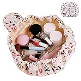 SANBLOGAN Drawstring Makeup Bag, Lay Flat Quick Makeup Bag Lazy Travel Cosmetic Bag Waterproof Cute Makeup Bag That Opens Flat Toiletry Bag for Women Men Girls, Beige