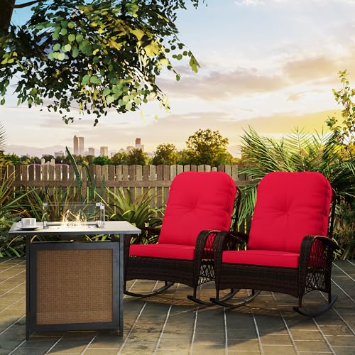 Outsunny Rattan Rocking Chair Set of 2, Outdoor Wicker Patio Rocker Chair Furniture with Thick Cushions, for Garden Backyard Porch, Red