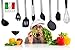 Gudaco Premium Kitchen Utensils Italian Style, 8 Piece Black Silicone and Stainless Steel Kit, Cooking Gadgets: Serving Tongs, Spoon, Spatula Tools, Pasta Server, Ladle, Strainer, Whisk for Pots, Pans