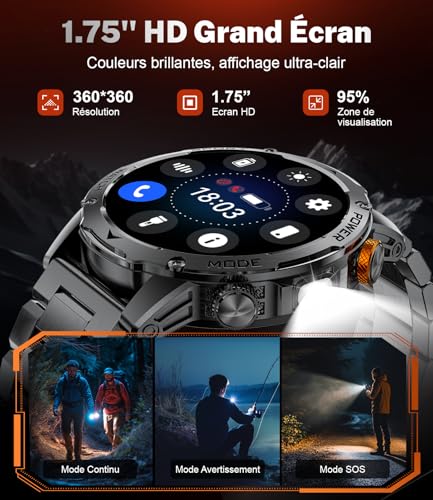 LIMIGE Men's Smartwatch with 1000 mAh/Torch, 1.75 Inches Smart Fitness Watch with Calls, 5 ATM Waterproof Military Smart Watch Tracker for Heart Rate Monitor SpO2,3 Straps, Black