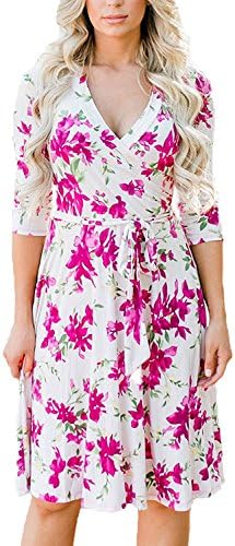 LISTONE Women Casual 3/4 Sleeve Floral Print V Neck Wrap Midi Dress Rose L