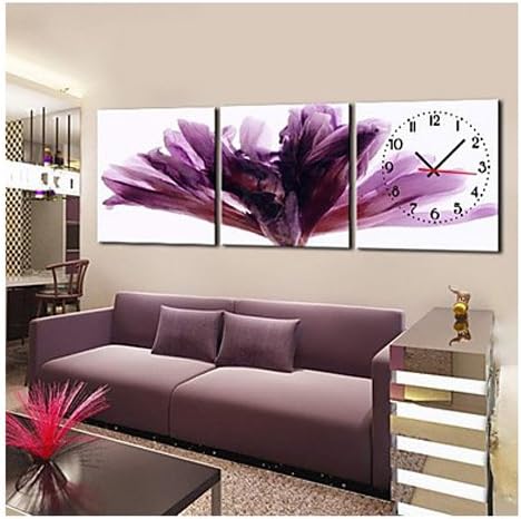Wall Clocks Large Decorative Modern Floral Purple in Canvas 3pcs Wall Clocks Large Decorative Luxury, Wall Clock Decorative Living Room (1, 24"x24")
