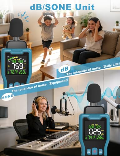 Fonometro, DURFICST Misuratore di Decibel con Misurazione di Temperatura e Umidità, 30-130 dB, Display LCD a Colori, Ponderazione A/C, Unità dB/SONE, Risposta VELOCE/LENTA, per Casa, Fabbrica, Ufficio
