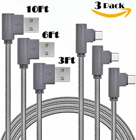 USB Type C Cable, KinPond [3-Pack] 1M/2M/3M Left Right 90 Degree Angle Charge and Data Sync Cable for Samsung Galaxy Note 8 S8 Plus, LG G5 G6 V30, HTC 10, Nexus 5X/6P,Google Pixel XL (Gray)
