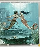 Little Mermaids Shower Curtain in Love Underwater Fairy Design Abstract Love Art Home Sister Gifts from Sister Bathroom Set Decorations Water Therapy Polyester Fabric, Teal Dark Green Brown