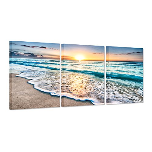 iHAPPYWALL 3 Pieces Ocean Canvas Wall Art Blue Sea Sunset White Beach The Picture Print On Canvas Beach Seascape In Cancun Mexico Wall Art Framed for Living Room