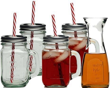 Mason Jar 13 pc Set - Includes 4 Mason Jars with Handles and Lids, 4 Reusable Straws, and a matching Carafe Pitcher