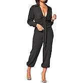 Xinlees Women's Elegant Jumpsuit Casual Long Sleeve Solid Straight Trousers Business Romper Stretchy Ankle Cuffs