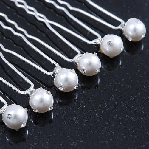 Bridal/Wedding/Prom/Party Set Of 6 Rhodium Plated Crystal Simulated Pearl Hair Pins, silver, white / ivory - Image 4