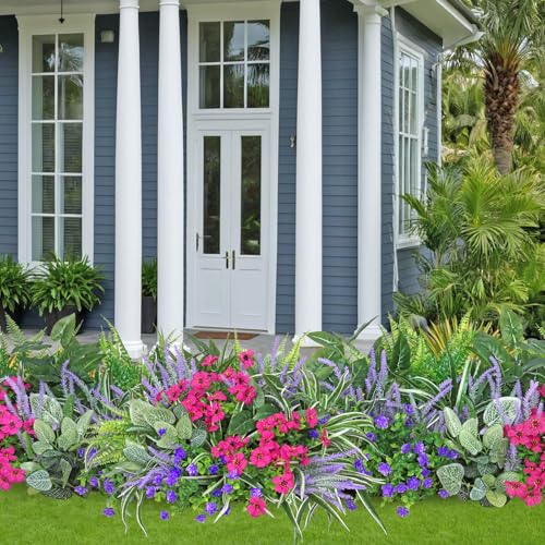 UXORSN 20PCS Artificial Plants Outdoor Fake Flowers UV Resistant Artificial Flowers Greenery Stems Boston Fern Lavender Faux Shrubs Plastic Plant for Garden Porch Planter Window Box Decor