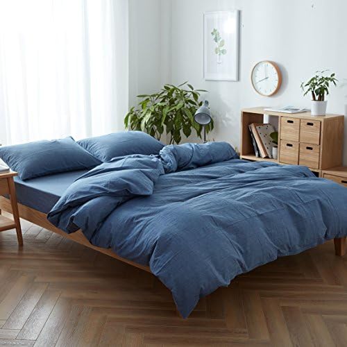 Bedding Duvet Cover Set 3 Pieces 100% Washed Cotton Duvet Cover Linen Like Textured Breathable Durable Soft Comfy (King, Denim)