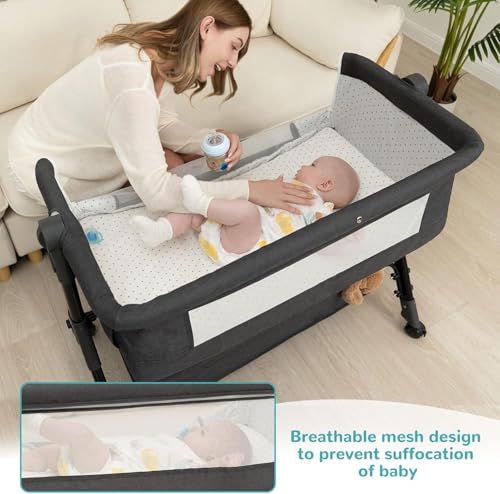 Baby Bassinet Crib, Bedside Bassinet for Baby, 3 in 1 Bassinet Bedside Sleeper with Wheels, Mosquito Net, Adjustable Easy Folding Portable Baby Bed for Infant Newborn