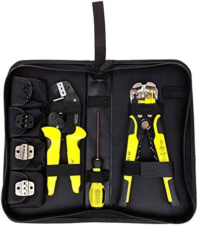 Meterk 4 In 1 multi tool wire Crimper Kit Engineering Ratcheting Terminal Crimping Pliers wire Crimpe+ Wire Stripper+ Screwdiver Yellow