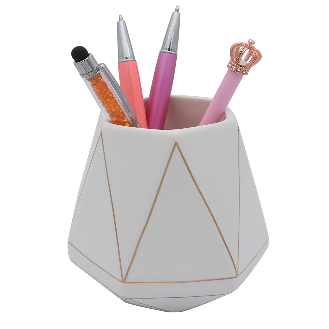 Hoshen Ceramic Geometric Polyhedron Pen Holder, Golden Striped Line, For Desk Use, Cosmetic Brush Holder, Ceramic Pen Holder, Suitable for Home 、Office，Matte White
