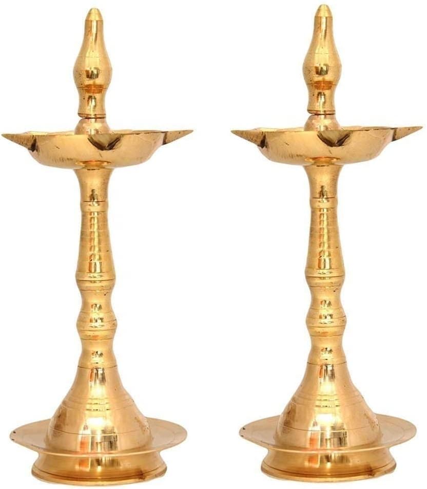 Oil Lamps & Accessories - NOBILITY Brass Oil Lamp Diya 8 Inch Kerala Traditional Samai Deepak Lamp Kutthu vilakku Panchmahal Deepam for Pooja Mandir Diwali Indian Return Gift Items Puja Set Pack of 02