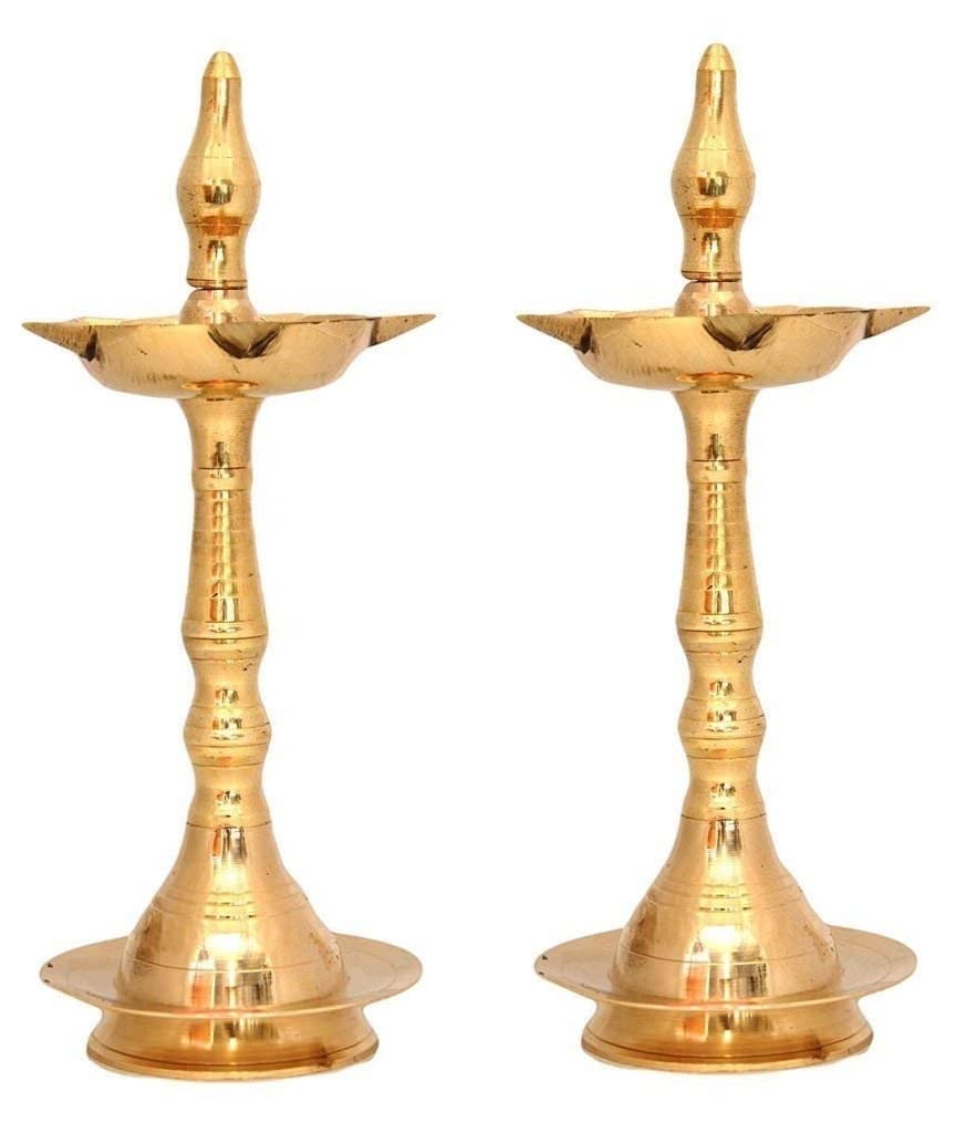 Photo 1 of NOBILITY Brass Oil Lamp Diya 6 Inch Kerala Traditional Samai Deepak Lamp Kutthu vilakku Panchmahal Deepam for Pooja Mandir Diwali Indian Gift Items Puja Set Pack of 2