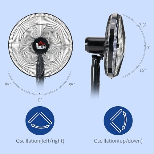HOMCOM 16-Inch Pedestal Fan, Standing Fan with Adjustable Height, 3 Speeds, 85° Oscillation, LED Control Panel, Remote, 15H Timer for Living Room Bedroom Office, Black