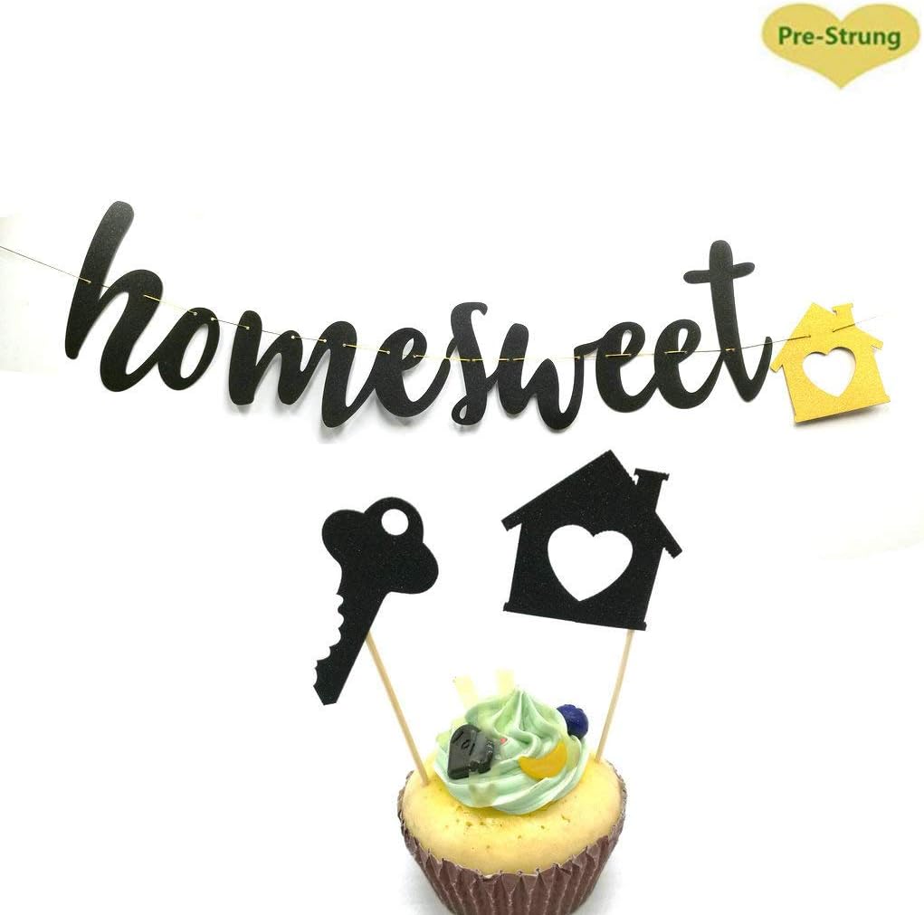 Hemarty Home Sweet Home Gold Glitter Sign Banner 24 Gold Glitter House Cupcake Toppers for Housewarming Military Family Party Decorations (Black)