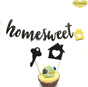 Hemarty Home Sweet Home Gold Glitter Sign Banner 24 Gold Glitter House Cupcake Toppers for Housewarming Military Family Party Decorations (Black)