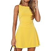 YOXUA Women's Boat Neck Dresses Sleeveless Ruched Elastic Waist Casual Tiered Layered Ruffle Hem A-Line Short Dress