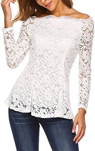 FANTIGO Women's Floral Lace Off Shoulder Top Long Sleeve Blouse White XXL