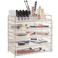 Beautify Large 5 Tier Clear Acrylic Cosmetic Makeup Storage Cube Organizer with 4 Drawers, Upper Compartment with Champagne Gold Frame - H14.4 x L13.5 x W9.4 Inches