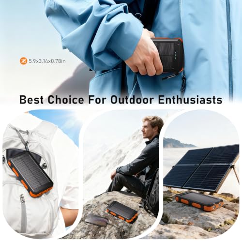 Durecopow Solar Charger Power Bank 20,000mAh, Portable Charger, 4 Cables 3 Ports Fast Charging External Battery Pack with USB C for Cell Phones, Solar Panel Charger with Dual Flashlight for Camping