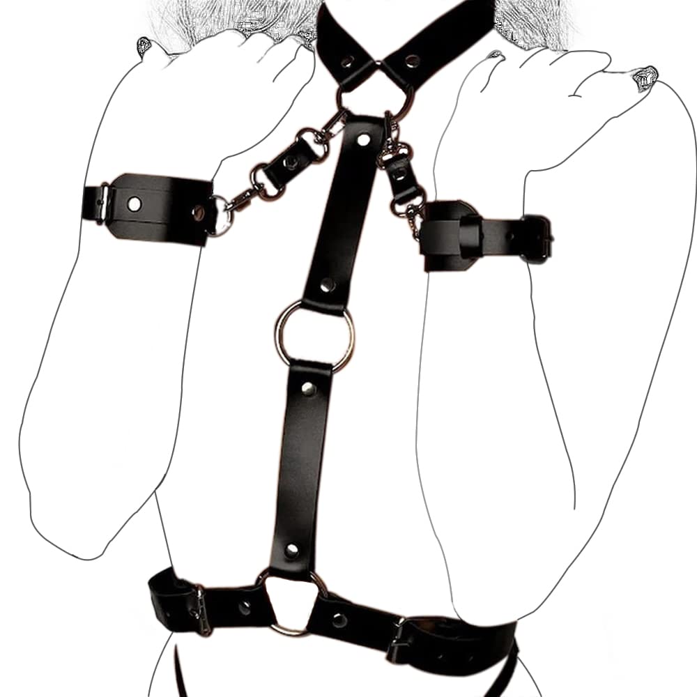 FOCICE Women’s Punk Leather Harness with Body Chest Straps, Adjustable Waist Belt & Bondage Handcuffs – Gothic Faux Leather BDSM Costume Accessories