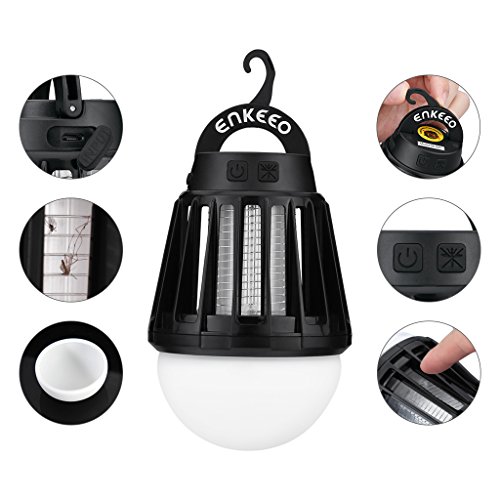 ENKEEO 2-in-1 Camping Lantern Bug Zapper Tent Light - Portable IPX6 Waterproof Mosquito Killer LED Lantern with 2000mAh Rechargeable Battery, Retractable Hook, Removable Lampshade (Black)