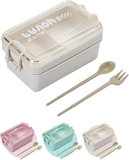 Hobein Bento Box, Nachhaltige Lunchbox Kinder, Brotbox Kinder, Brotdose mit Fächern und Besteck, Lebensmittelbehälter BPA-frei, Vesperdose Mikrowelle Heizung für Schule/Arbeit/Picknick Reisen (Beige)