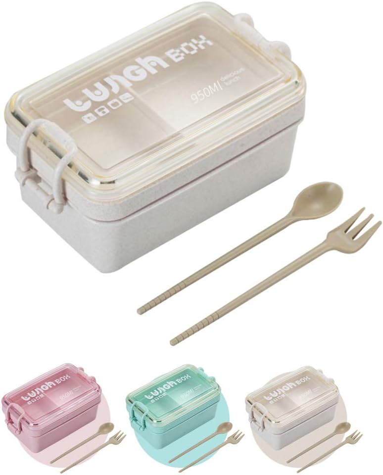 Hobein Bento Box, Nachhaltige Lunchbox Kinder, Brotbox Kinder, Brotdose mit Fächern und Besteck, Lebensmittelbehälter BPA-frei, Vesperdose Mikrowelle Heizung für Schule/Arbeit/Picknick Reisen (Beige)
