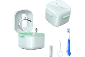 POZLLE Denture Bath Box Cup，Portable Denture Case with Strainer Basket，False Teeth Storage Box Holder，Retainer case Cleaning，Soak Cup，With braces chewable tablets and Extractor toothbrush（White）…