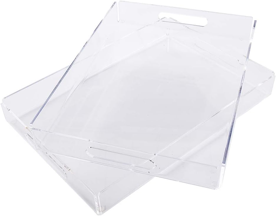 MAONAME Clear Serving Tray, 15.2 "Acrylic Rectangular Trays with Built-In Handles for Kitchen, Office, Storage, Coffee, Breakfast (2 Pack)