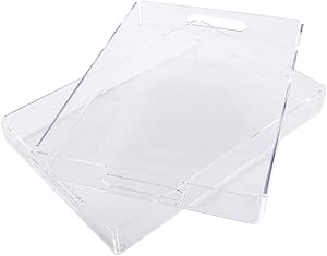 MAONAME Clear Serving Tray, 15.2 "Acrylic Rectangular Trays with Built-In Handles for Kitchen, Office, Storage, Coffee, Breakfast (2 Pack)
