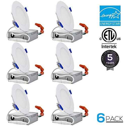 10W 4″ Ultra-thin Recessed Ceiling Light with Junction Box, Dimmable Can-Killer Airtight Downlight, 750lm 80W Equivalent ETL-listed and Energy Star Certified, 3000K Warm White, Pack of 6