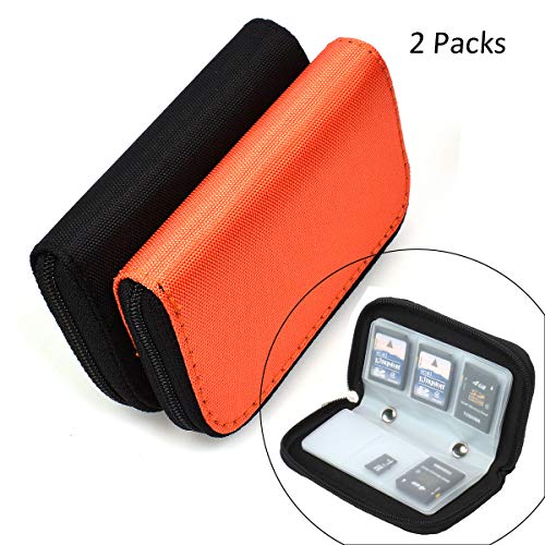 Memory Card Cases, 2 Packs Bestshoot Memory Card Holder Bags Pouch Organizer Keeper 22 Slot SD Micro SD CF SDHC SDXC MMC Secure Digital Compact Flash Cards Wall Bags for Media Storage (Orange & Black)