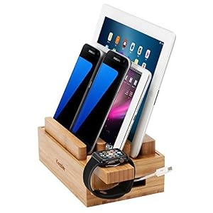 Image of iCozzier Mini Bamboo Stand, Multi-Device Charging Station and Cord Organizer Stand Dock for iPhone, iPad, Samsung, Smartphones, Tablets