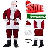 Christmas Santa Claus Costume with Beard,Velvet Men's Deluxe Santa Suit,Wine Red,M to L