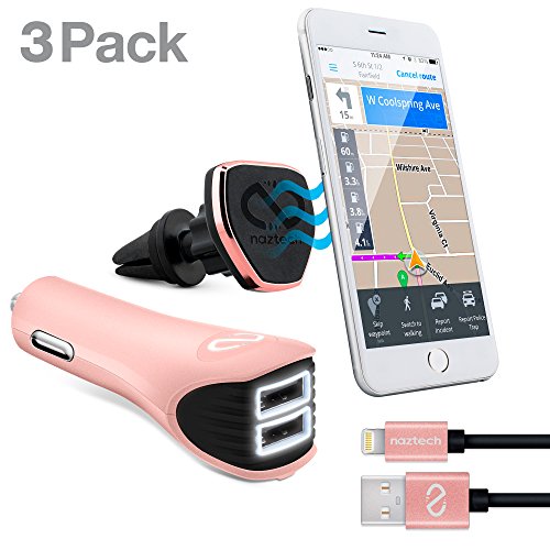 Naztech MagBuddy 3 Piece Mobile Device Safety Essentials Car Kit. Hands-Free Calls & GPS Use, Fully Charged On The Road Car Phone Air Vent Mount, 4.8A Dual USB Car Charger & MFI Lightning Cable.